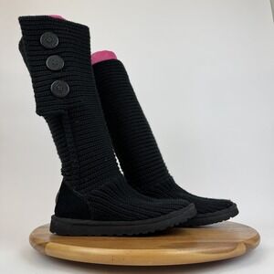 Womens Ugg Classic Cardy Tall Knit Black Button Sweater Boots Size 7 M GUC